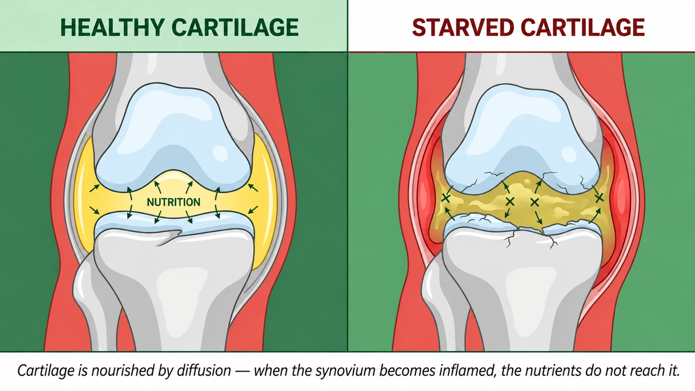 Side-by-side comparison of healthy, well-nourished knee cartilage versus starved, degraded cartilage