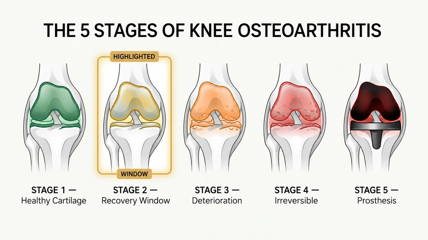 Infographic showing the five progressive stages of knee osteoarthritis, from healthy joint space to bone-on-bone contact