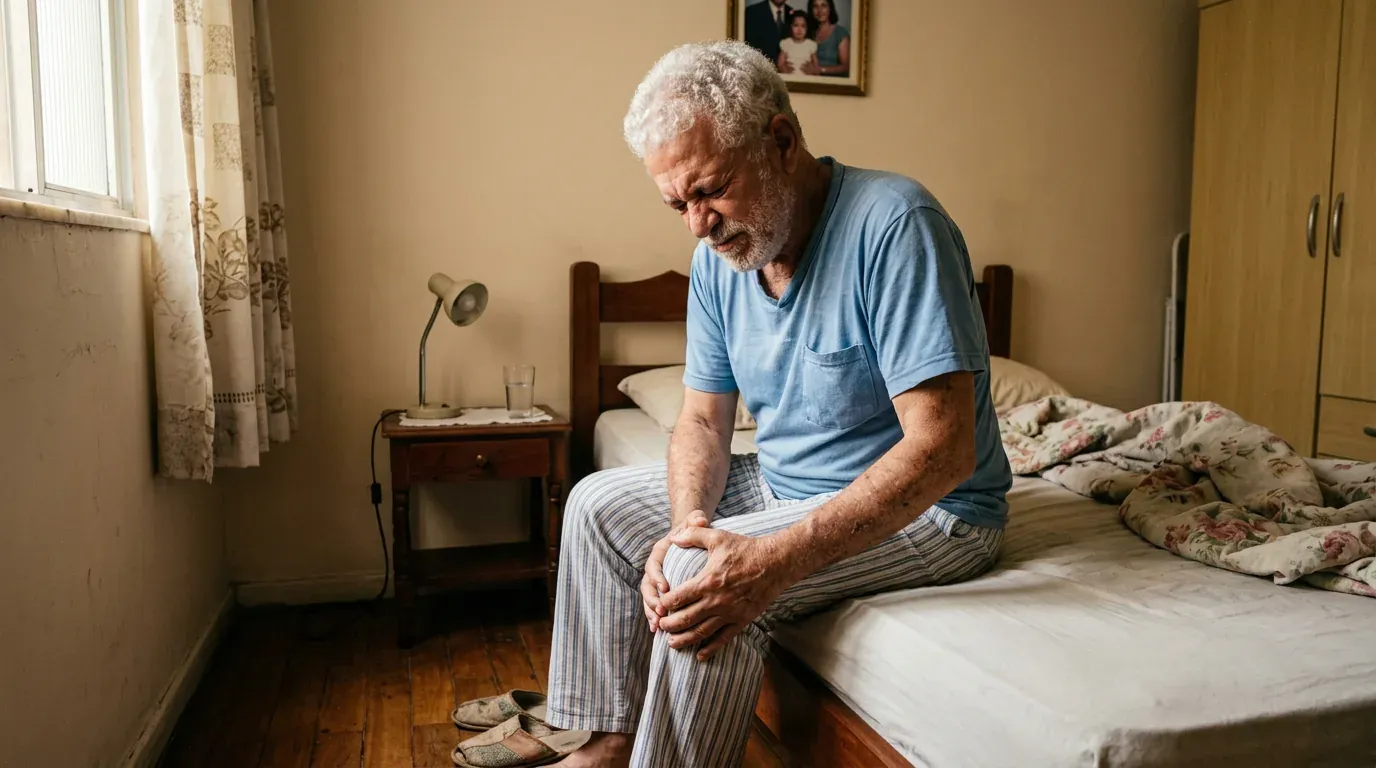 An older man sitting on the edge of his bed in the early morning, holding his knee