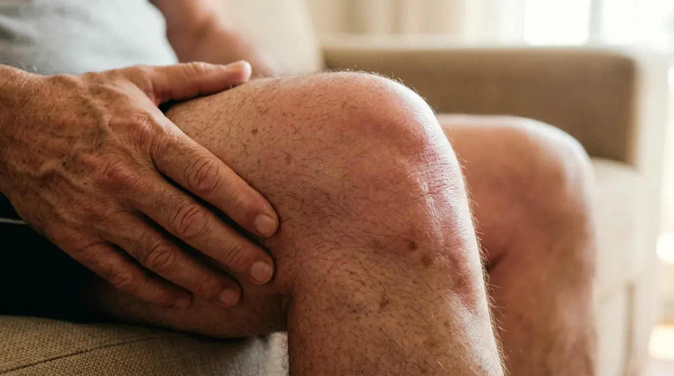 Close-up of two hands gripping a painful knee joint