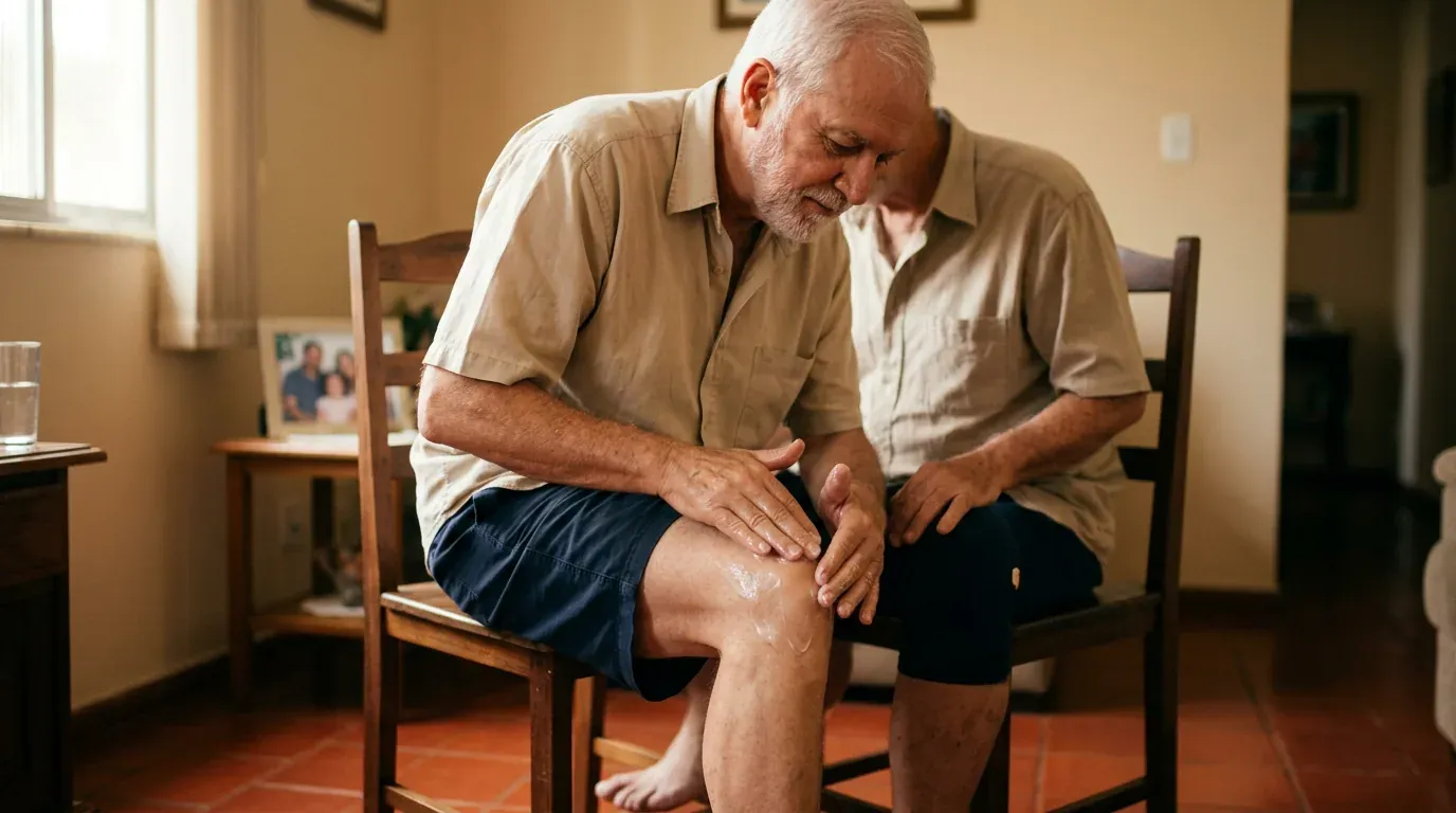 An older man fitting a therapeutic wrap around his knee while sitting in an armchair