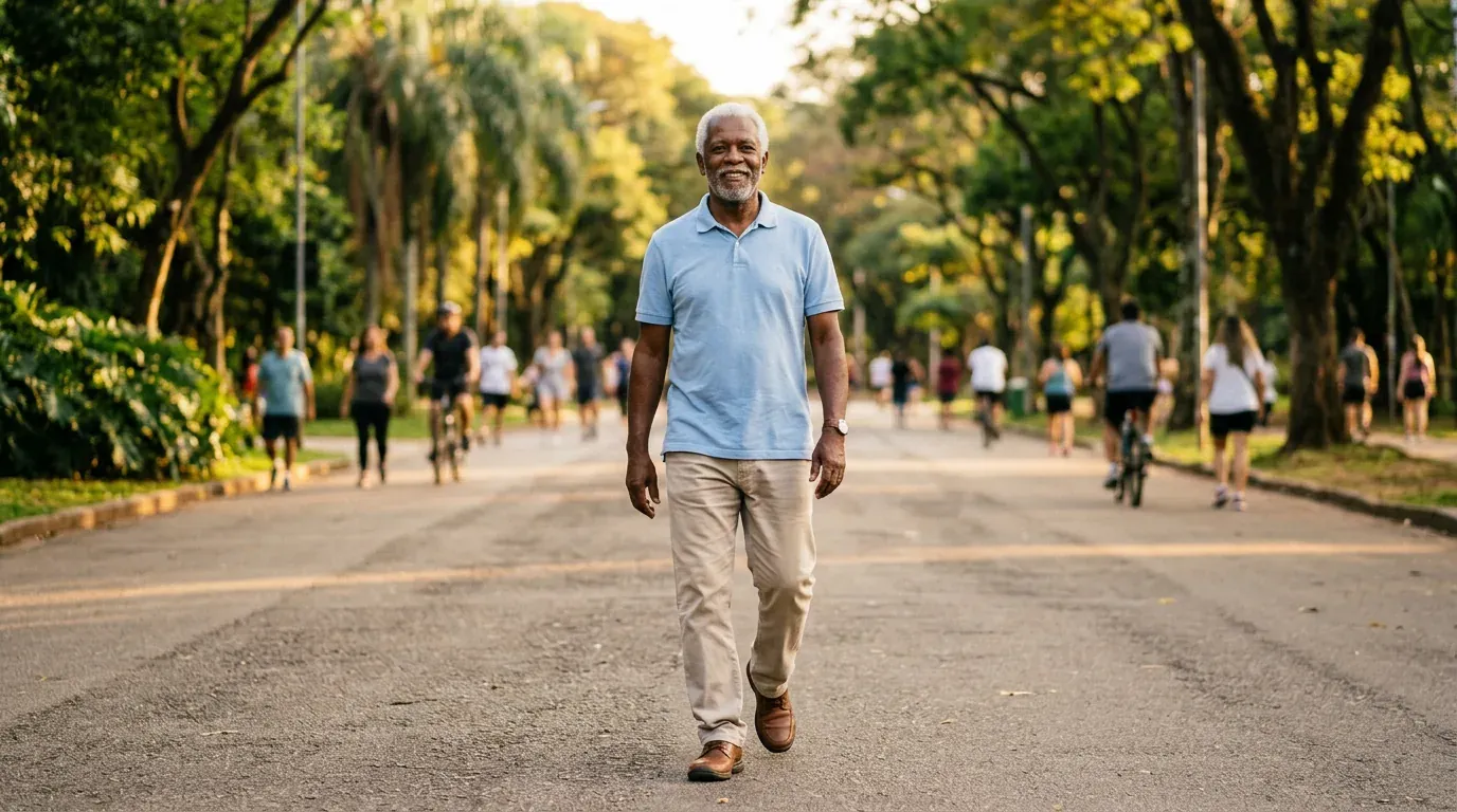An older man walking comfortably through a park on a sunny morning