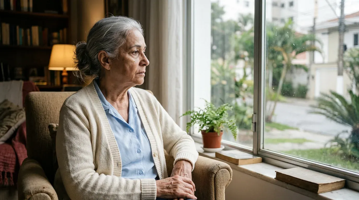 An older woman sitting by a window, looking thoughtful and regretful