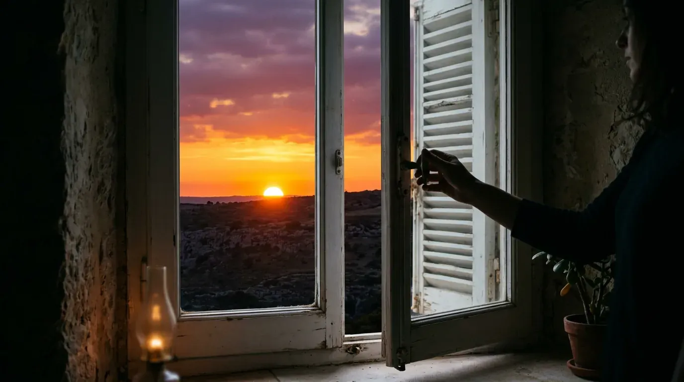A window slowly closing against a sunset, symbolising a narrowing window of opportunity